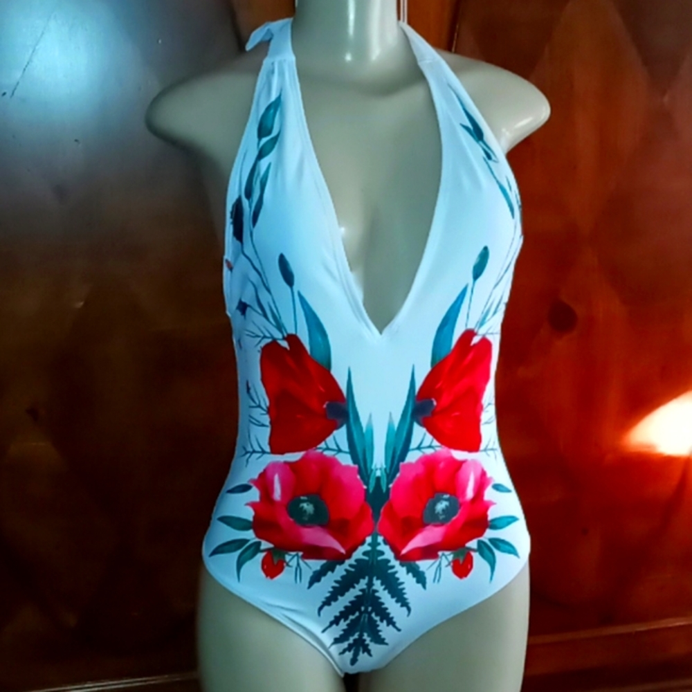 White Floral V Cut Unique one piece  swim suit